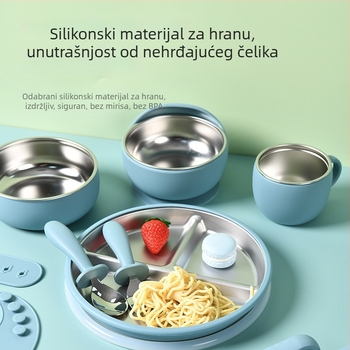 Dječji set posuđa za hranjenje od nehrđajućeg čelika: tanjur, zdjela, čaša, silikonska pregača za bebe, vilica i žlica