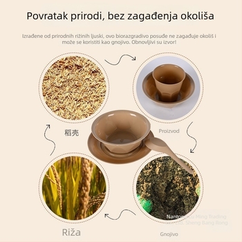 Jednokratni set posuđa od rižine ljuske, četverodijelni set, biološki razgradiv za kampiranje i posluživanje, debeli set