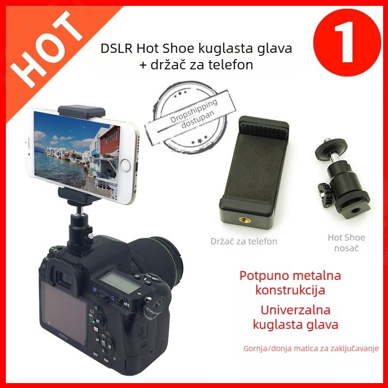 Metalni stabilizator za telefon s hot shoe, univerzalna kuglična glava i klip u obliku slova E, 360°