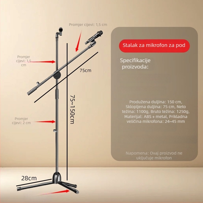 Profesionalni tripod za mobilni telefon za livestream, s podesivom visinom i podnim nosačem za mikrofon