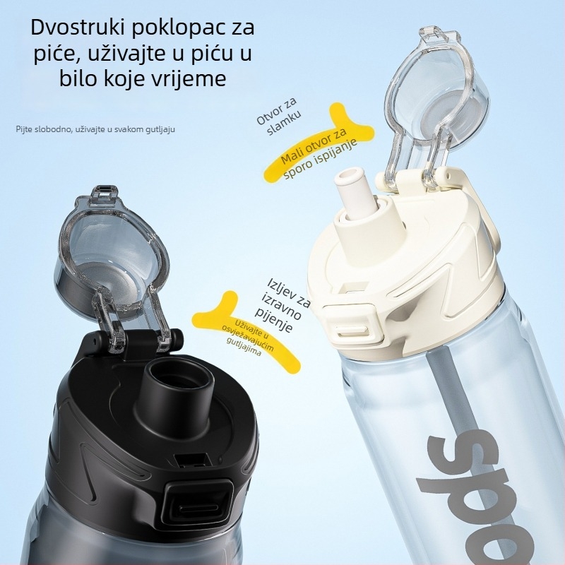 Novo minimalističko plastično čašica velikog kapaciteta za dvije napitke, za sport i vanjsku upotrebu, s ručkom, brzim otvaranjem poklopca i slamkom