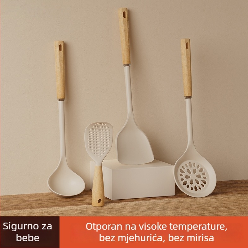 Set silikonskih spatula s drvenim držašima, prehrambena kvaliteta, otporan na visoke temperature, ne oštećuje posuđe — žlica za juhu i žlica za rižu