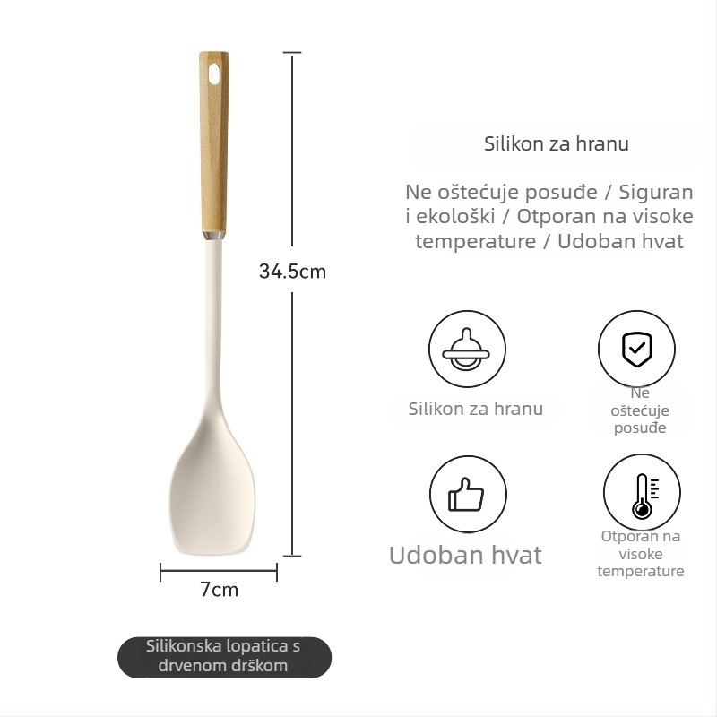 Set silikonskih spatula s drvenim držašima, prehrambena kvaliteta, otporan na visoke temperature, ne oštećuje posuđe — žlica za juhu i žlica za rižu