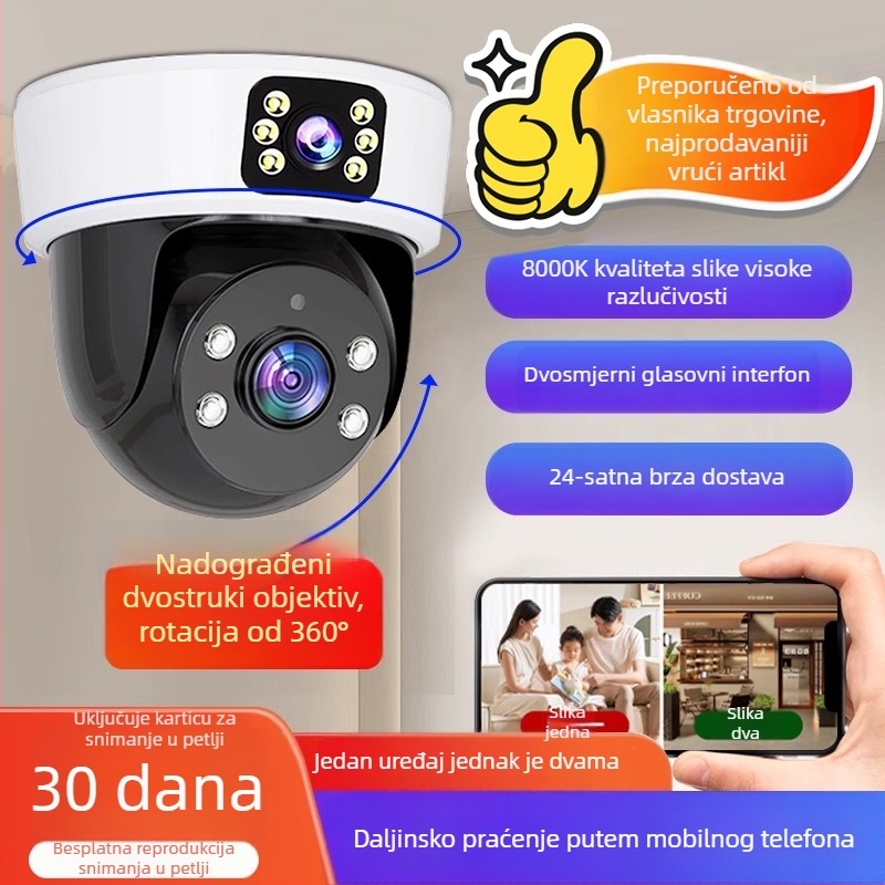 HD bežična unutarnja IP kamera s 360° noćnim vidom, 3MP/5MP, ABS kućište