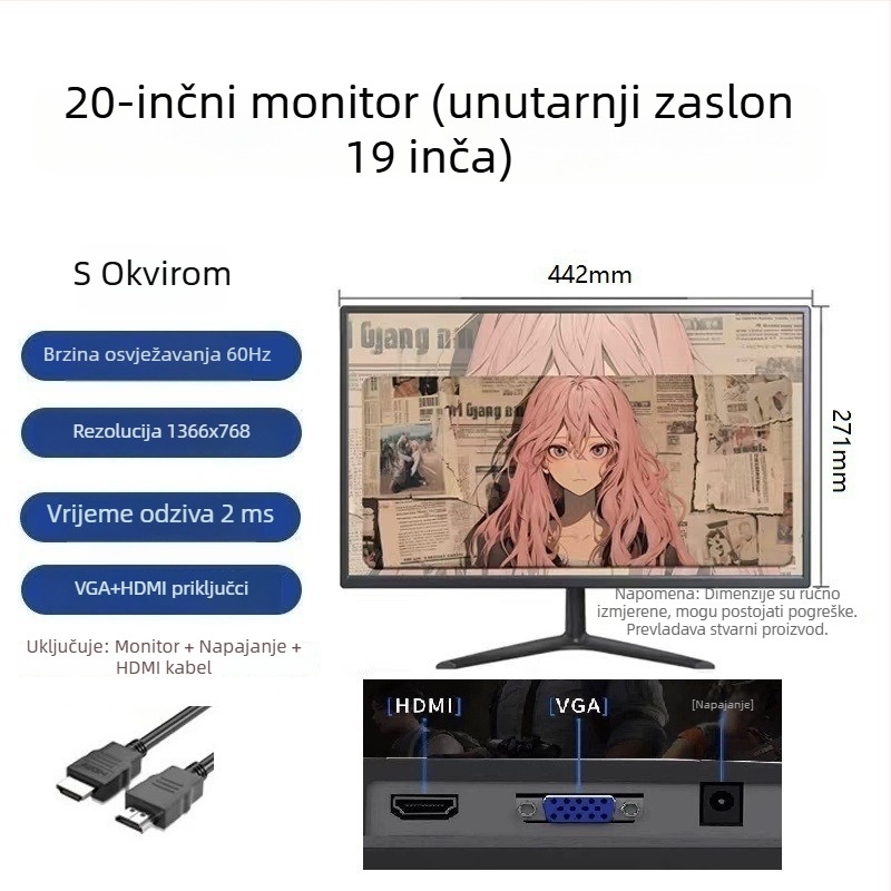 Novi IPS monitor s okvirom od 20/22/24 inča za stolno računalo, pogodan za ured i online nastavu