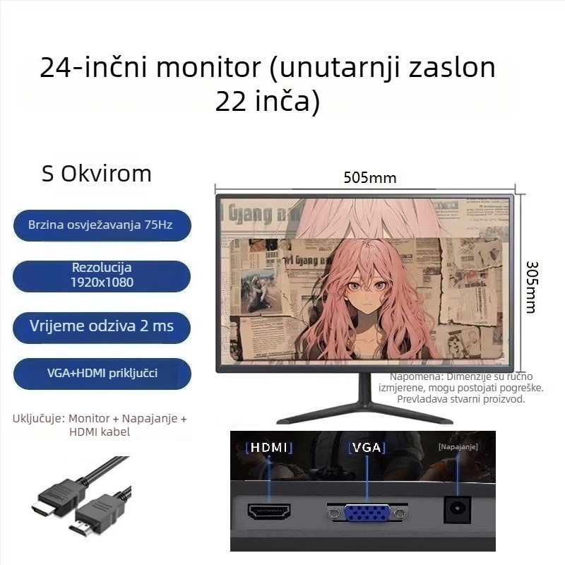 Novi IPS monitor s okvirom od 20/22/24 inča za stolno računalo, pogodan za ured i online nastavu