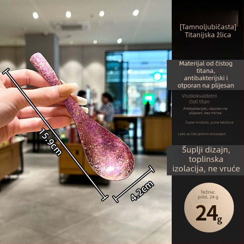 Žlica od čistog titana s uzorkom kamena i blok dizajnom, završna obrada poput ledenog kristala, duboki udubljeni dio za juhu, restoranska žlica, korejska desertna žlica