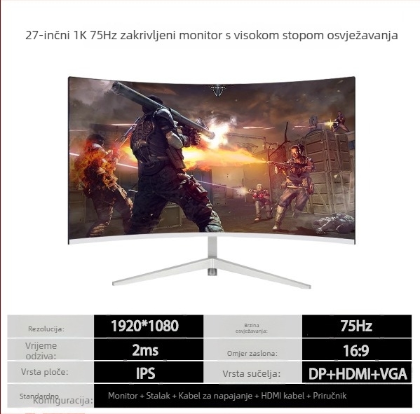 GreatView 27-inčni IPS LCD monitor, 75/100 Hz, 1920x1080, 2 ms, 16:9, HDR10+, HDMI i USB