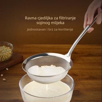 Nehrđajući čelična žlica s finom mrežicom za filtriranje ulja, pjene i taloga; kuhinjska cjediljka za vruće lonce i sojino mlijeko.