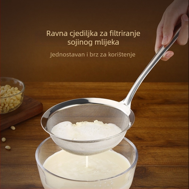 Nehrđajući čelična žlica s finom mrežicom za filtriranje ulja, pjene i taloga; kuhinjska cjediljka za vruće lonce i sojino mlijeko.