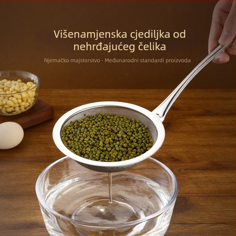 Nehrđajući čelična žlica s finom mrežicom za filtriranje ulja, pjene i taloga; kuhinjska cjediljka za vruće lonce i sojino mlijeko.