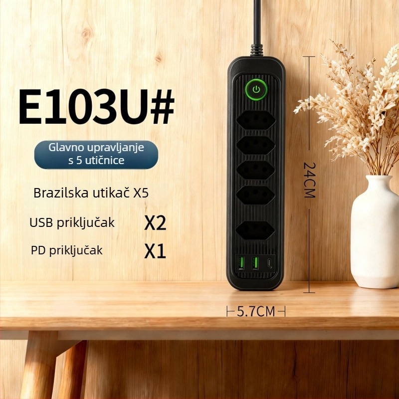 USB produžni utikač s više utičnica prema brazilskom standardu, za kućnu upotrebu, ured i putovanja