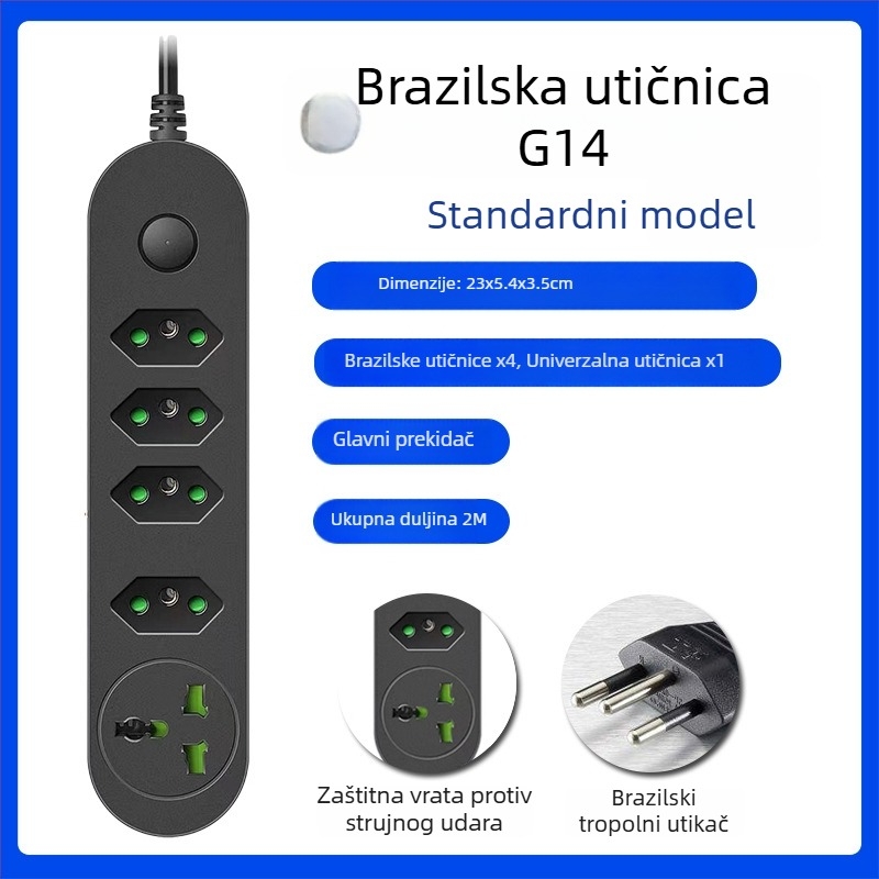 USB produžni utikač s brazilskim standardom, više utičnica, dugi kabel, kompatibilan s američkim i europskim standardima, zaštita od preopterećenja