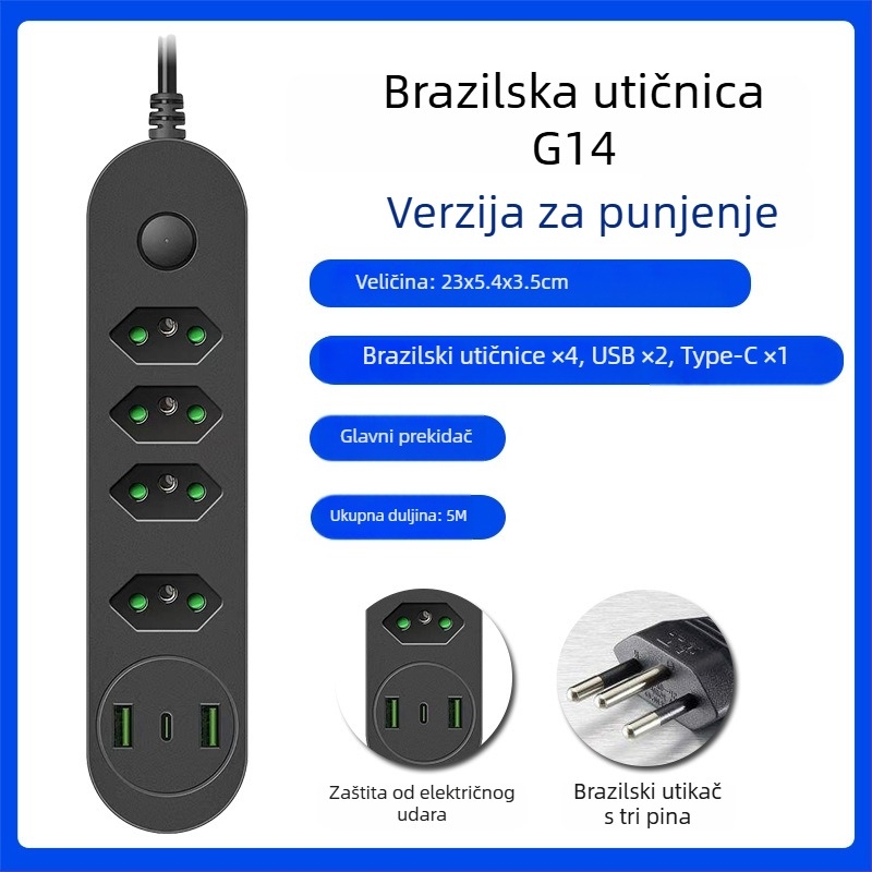 USB produžni utikač s brazilskim standardom, više utičnica, dugi kabel, kompatibilan s američkim i europskim standardima, zaštita od preopterećenja