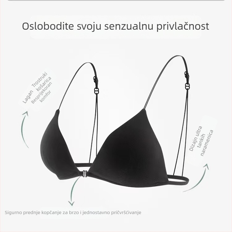 Bežični grudnjak s prednjim kopčanjem, francuskog stila, trokutasti košarica, ultra tanak, bez leđa, tanke naramenice