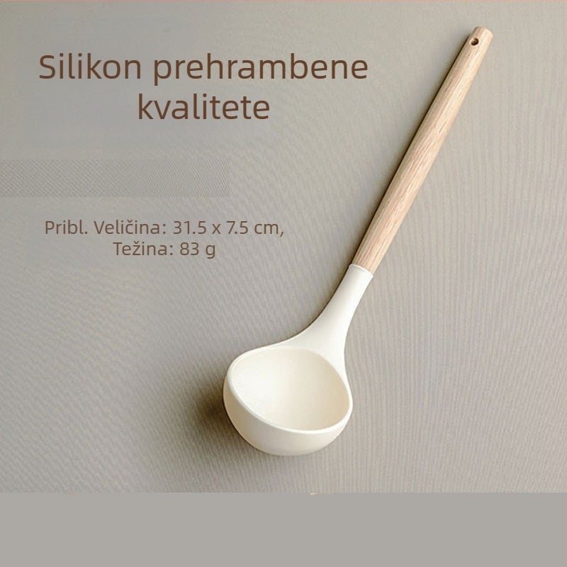 Set silikonskih kuhinjskih alata s drvenom ručkom: spatula, jušna žlica i žlica sa otvorima, otporan na visoke temperature, neprianjajuće