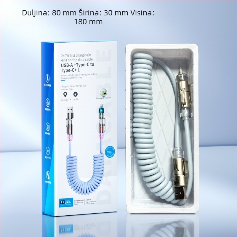 240W četiri u jednome auto kabel za podatke s USB-C i Lightning — ultra brzo punjenje, aromaterapija, duljina 1–2 m