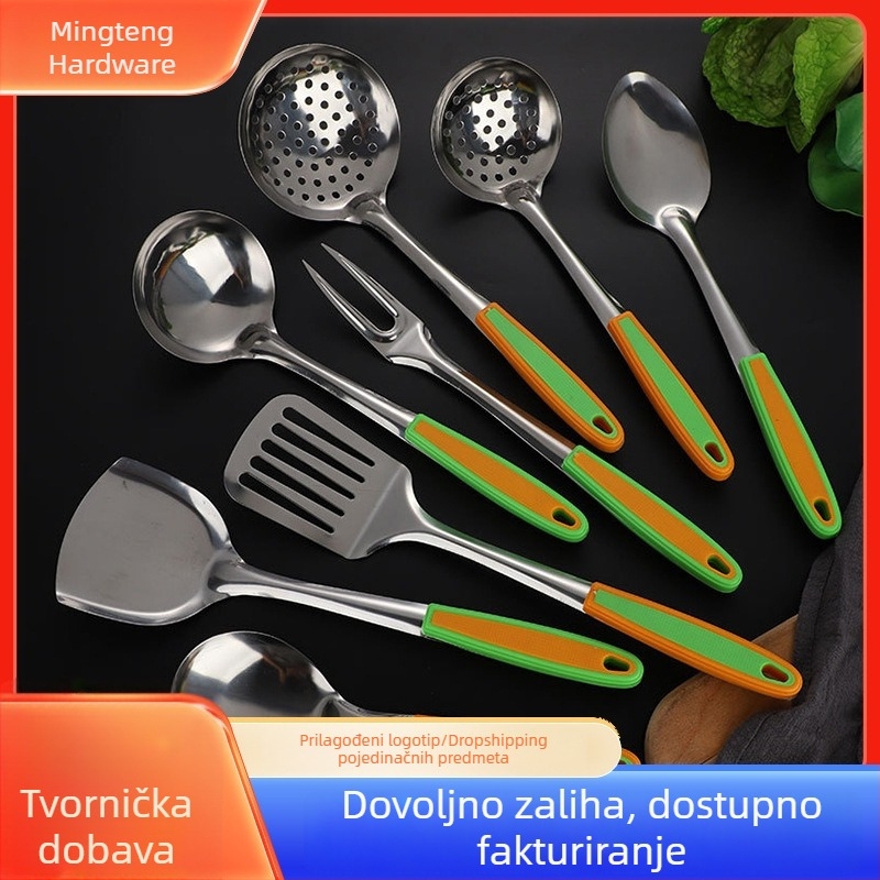Set kuhinjskih alata od nehrđajućeg čelika: špachtla, žlica za juhu, kuhača, žlica s otvorima, meso vilica, žlica za povrće, žlica za rižu