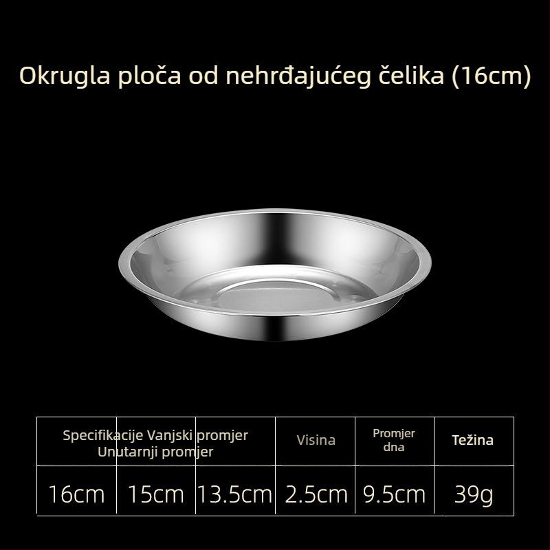 Tanjuri od nehrđajućeg čelika za stol – plitke i duboke verzije, tri veličine: 16–17 cm, 18–19 cm, 24–25 cm.