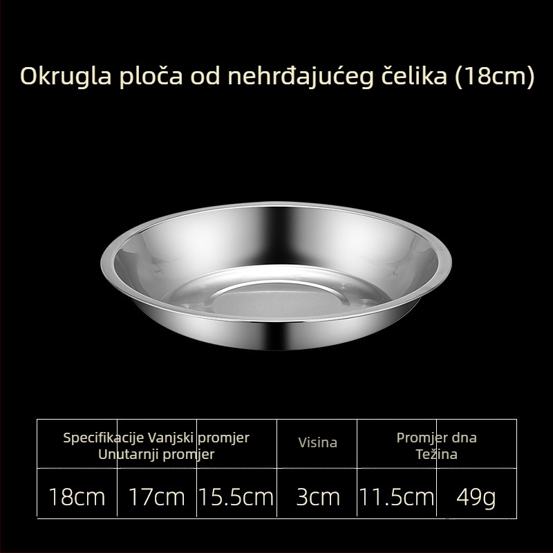 Tanjuri od nehrđajućeg čelika za stol – plitke i duboke verzije, tri veličine: 16–17 cm, 18–19 cm, 24–25 cm.