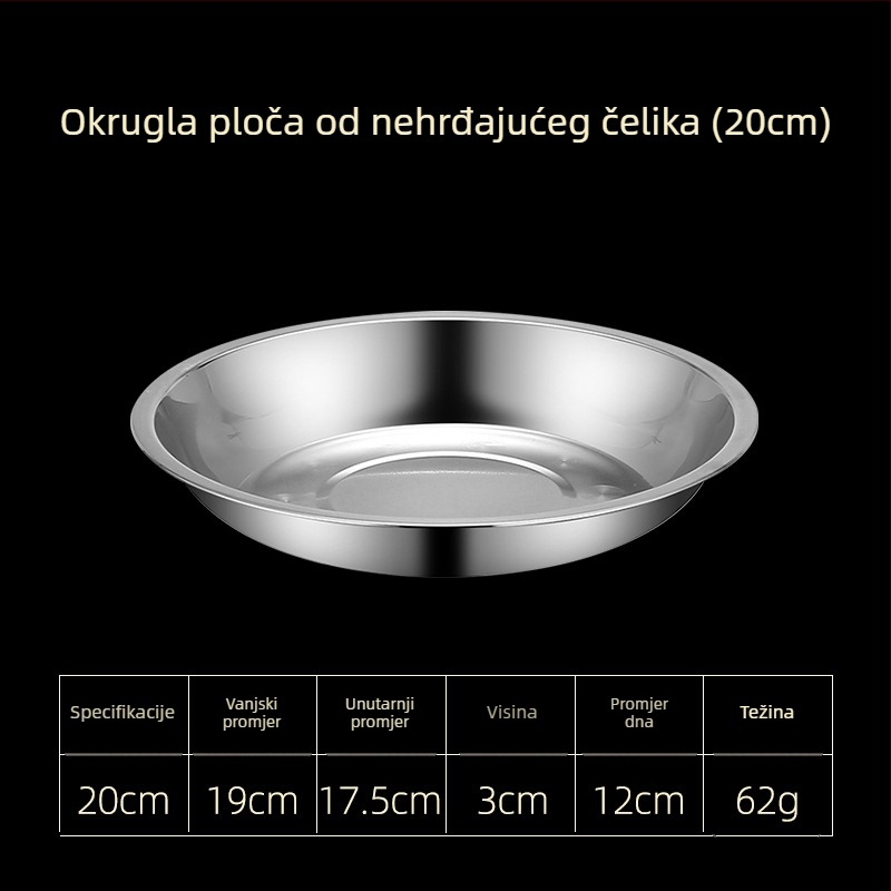 Tanjuri od nehrđajućeg čelika za stol – plitke i duboke verzije, tri veličine: 16–17 cm, 18–19 cm, 24–25 cm.