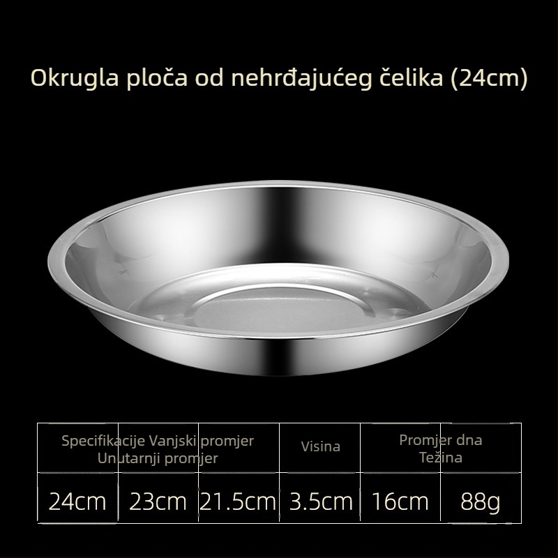 Tanjuri od nehrđajućeg čelika za stol – plitke i duboke verzije, tri veličine: 16–17 cm, 18–19 cm, 24–25 cm.