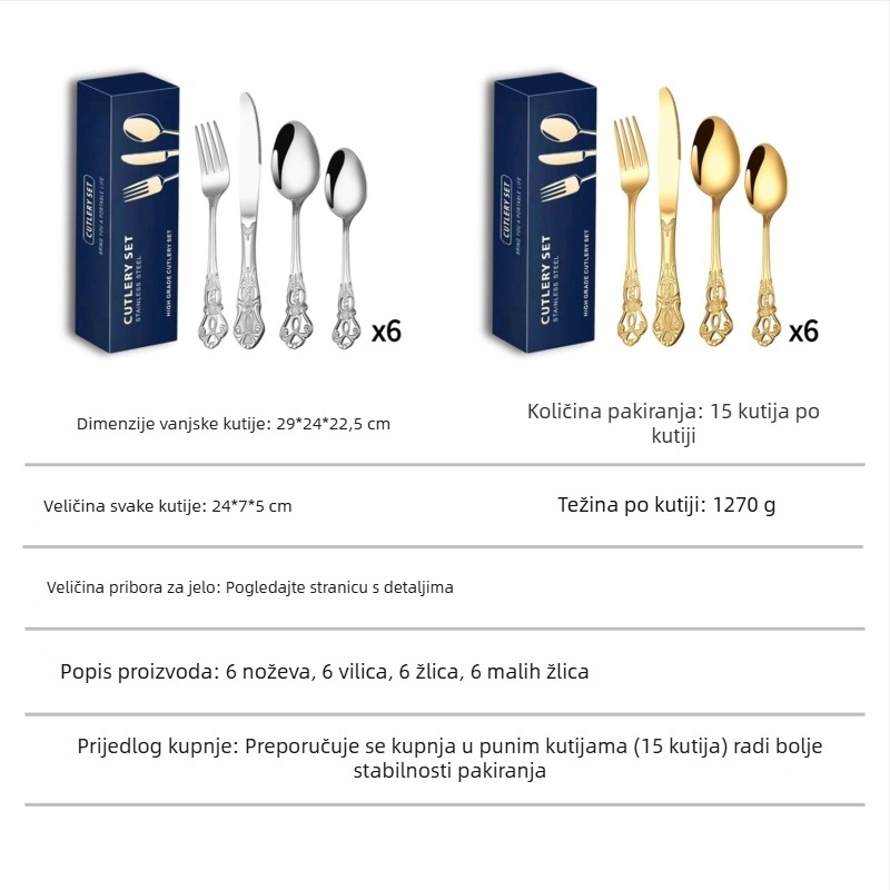 Set pribora od nehrđajućeg čelika s pozlaćenim detaljima (24 komada): 6 noževa za steak, 6 vilica, 6 stolnih žlica i 6 čajnih žličica – kutija za poklon, za kućnu i hotelsku upotrebu.