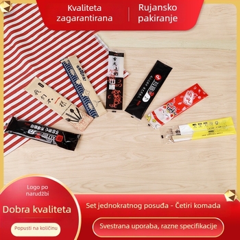 Jednokratni bambus set pribora za jelo — četverodjelni set (štapići za jelo, žlica, zubna štipaljka, salveta) i trodjelni set za dostavu
