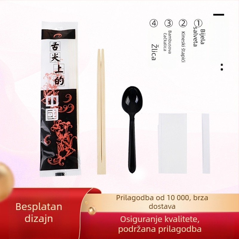 Jednokratni bambus set pribora za jelo — četverodjelni set (štapići za jelo, žlica, zubna štipaljka, salveta) i trodjelni set za dostavu