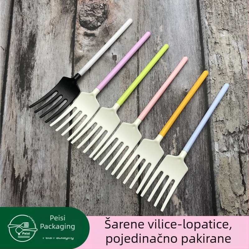 Jednokratna plastična vilica za tortu s kreativnim spojnim dizajnom, pojedinačno pakirana, šareni deserti