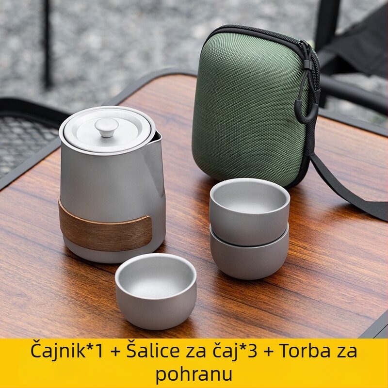 Prijenosni set čaja od titanijske legure s čajnikom i šalicama s dvostrukim stijenkama za kampiranje na otvorenom