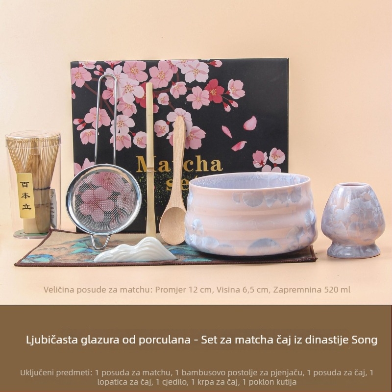 Šalica za matcha u japanskom stilu sa izbojem — kristalna glazura, pečena u peći, set s whiskom i mjernom žličicom