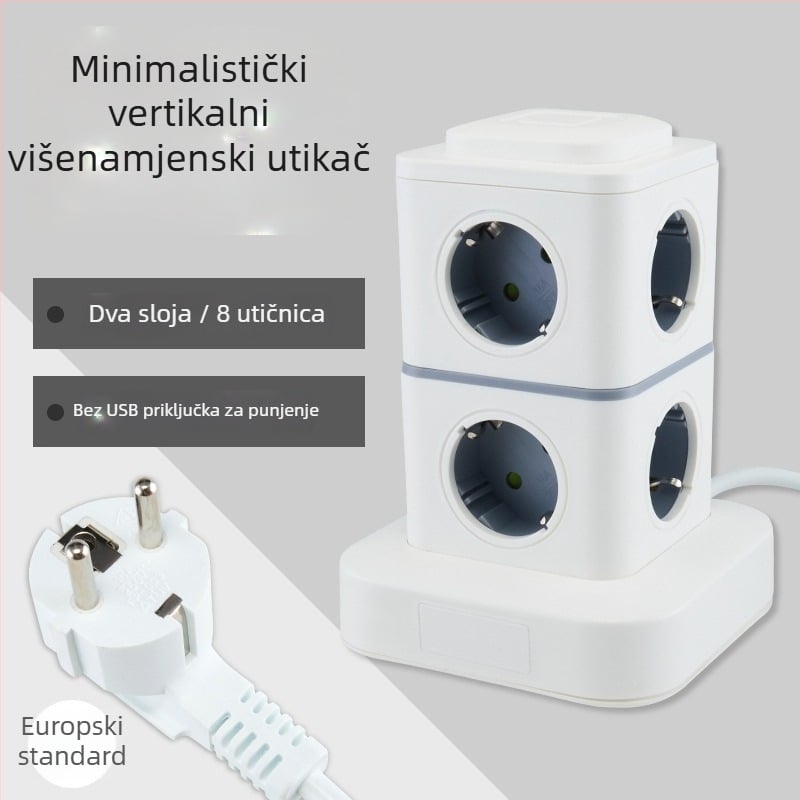 Pametan produžni kabel s tornjem, europski standard, za kućno i uredsko korištenje, kompatibilan s njemačkim, francuskim i ruskim utičnicama.