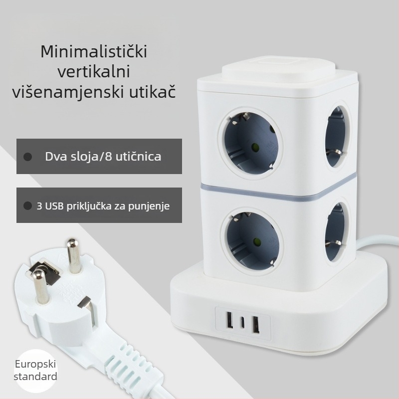 Pametan produžni kabel s tornjem, europski standard, za kućno i uredsko korištenje, kompatibilan s njemačkim, francuskim i ruskim utičnicama.