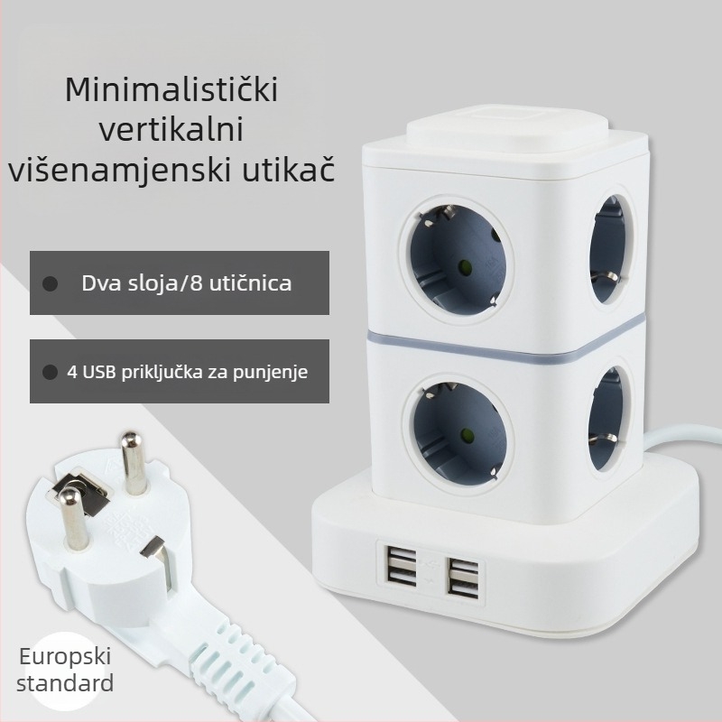 Pametan produžni kabel s tornjem, europski standard, za kućno i uredsko korištenje, kompatibilan s njemačkim, francuskim i ruskim utičnicama.