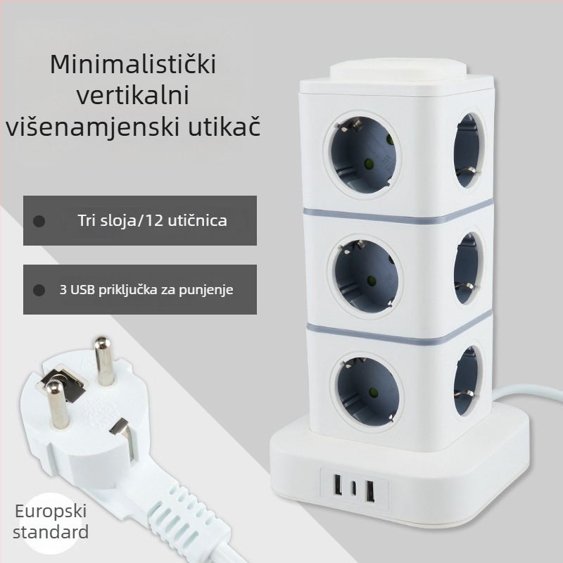 Pametan produžni kabel s tornjem, europski standard, za kućno i uredsko korištenje, kompatibilan s njemačkim, francuskim i ruskim utičnicama.