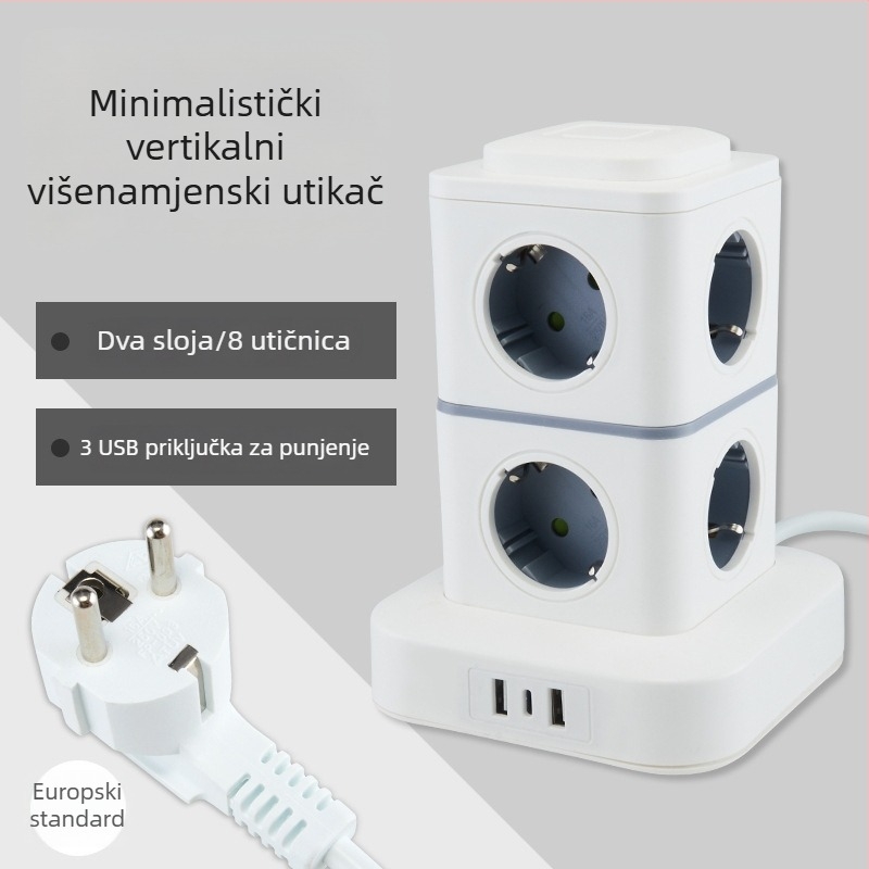 Pametan produžni kabel s tornjem, europski standard, za kućno i uredsko korištenje, kompatibilan s njemačkim, francuskim i ruskim utičnicama.