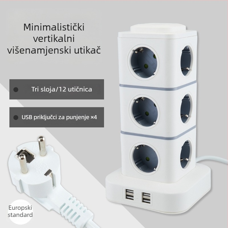 Pametan produžni kabel s tornjem, europski standard, za kućno i uredsko korištenje, kompatibilan s njemačkim, francuskim i ruskim utičnicama.