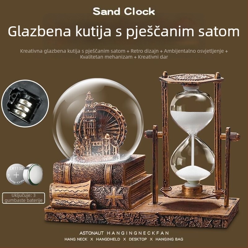 Retro metalni toranj s pijeskom i kristalnom kuglom, europskog stila glazbena kutija, svjetleći stolni ukras, dar za maturu