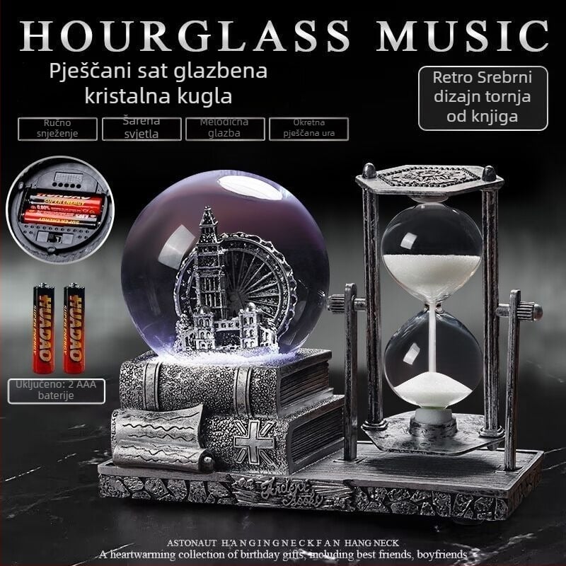 Retro metalni toranj s pijeskom i kristalnom kuglom, europskog stila glazbena kutija, svjetleći stolni ukras, dar za maturu