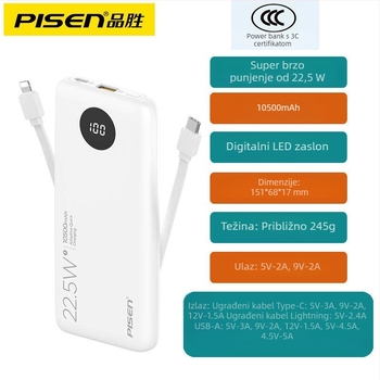 Pisen power banka s integriranim kabelom, 10500mAh, 22.5W PD, ultra tanka, kompaktna