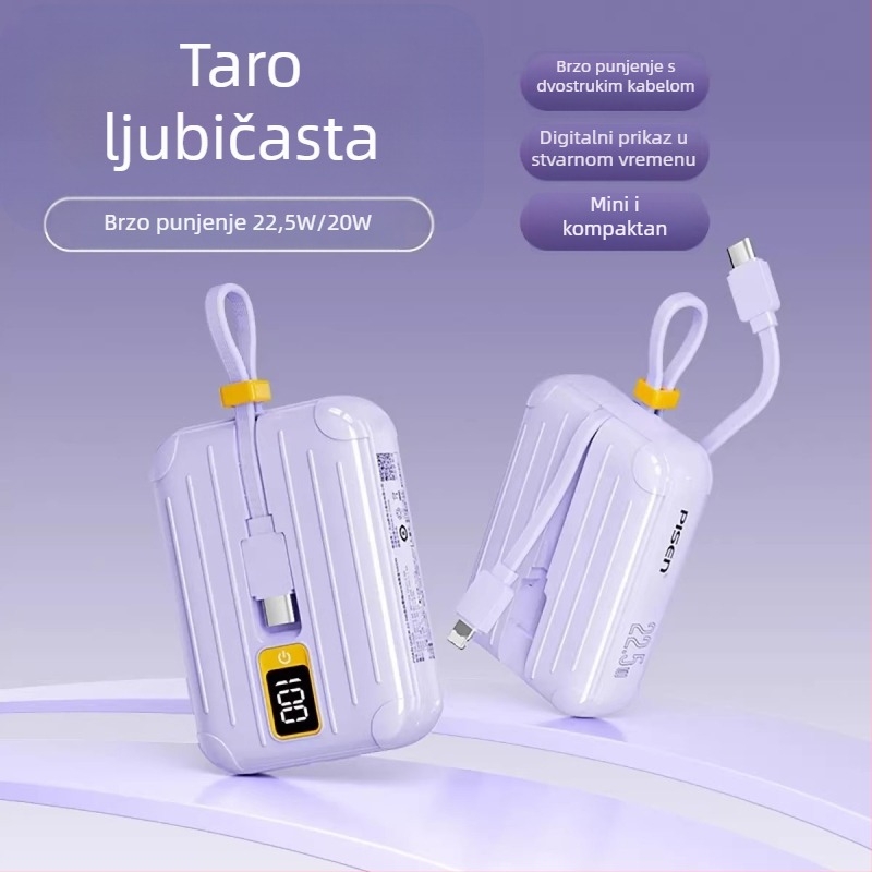 Pisen power banka s integriranim kabelom, 10500mAh, 22.5W PD, ultra tanka, kompaktna