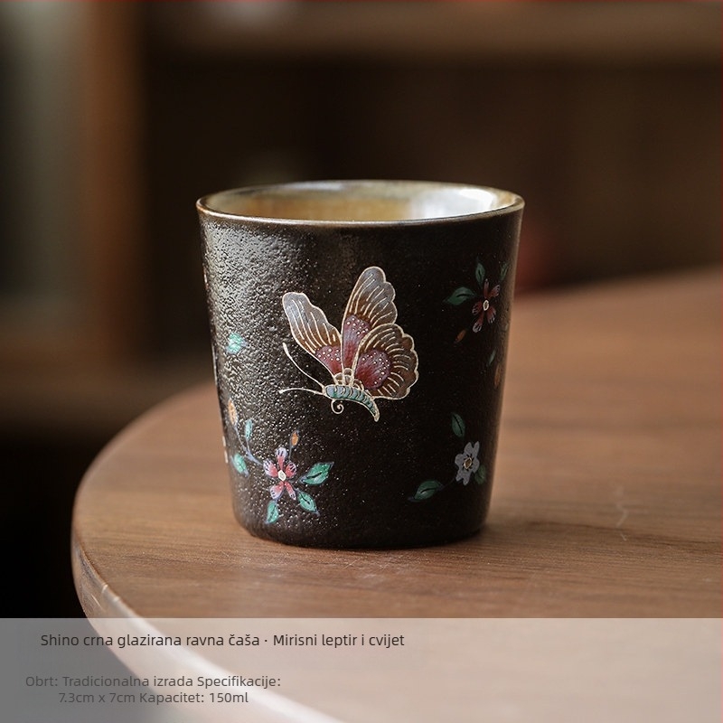 Keramička šalica za čaj s crnom Shino glazurom i dizajnom srebrnog leptira, ručno izrađeni porcelan, retro stil