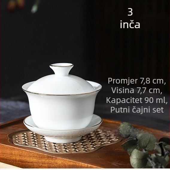 Set gaiwan od 3 dijela: keramički bijeli porculan s zlatnim rubom i trobojnom glazurom, mini šalice za Gongfu čaj