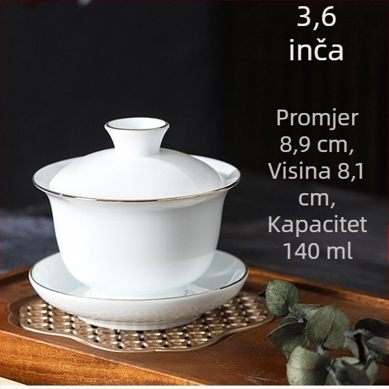 Set gaiwan od 3 dijela: keramički bijeli porculan s zlatnim rubom i trobojnom glazurom, mini šalice za Gongfu čaj