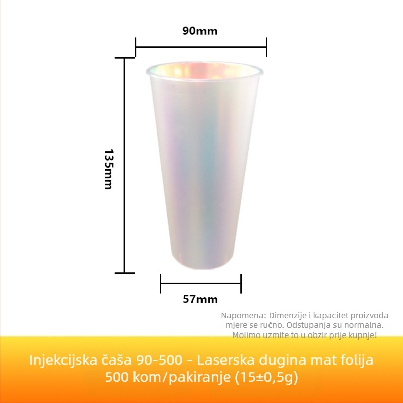 Jednokratna šalica za mliječni čaj promjera 90 mm s unutarnjim holografskim filmom u dužim bojama, PP injekcijskog oblika, 701-800 ml, za toplu i hladnu pića