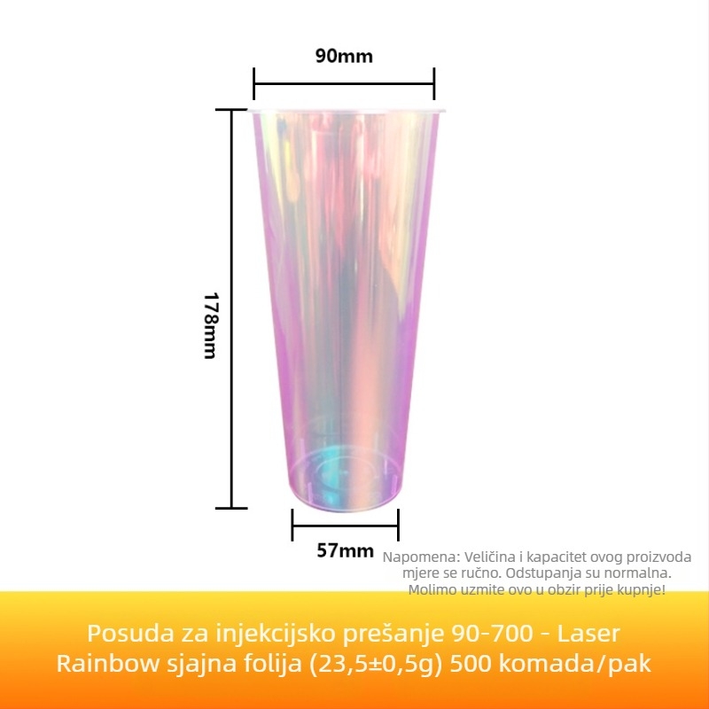 Jednokratna šalica za mliječni čaj promjera 90 mm s unutarnjim holografskim filmom u dužim bojama, PP injekcijskog oblika, 701-800 ml, za toplu i hladnu pića