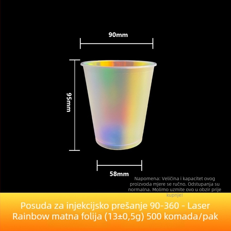 Jednokratna šalica za mliječni čaj promjera 90 mm s unutarnjim holografskim filmom u dužim bojama, PP injekcijskog oblika, 701-800 ml, za toplu i hladnu pića