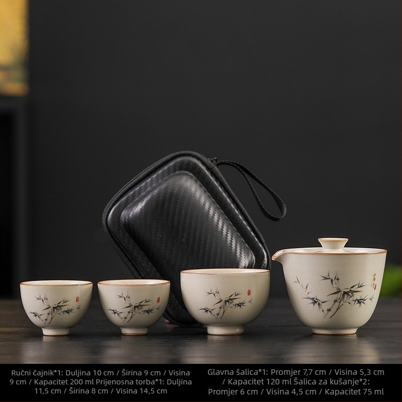 Keramički Gongfu čajni set Ru Kiln, 1 čajnik i 3 šalice, prenosni za kampiranje i putovanja, personalizirani poklon