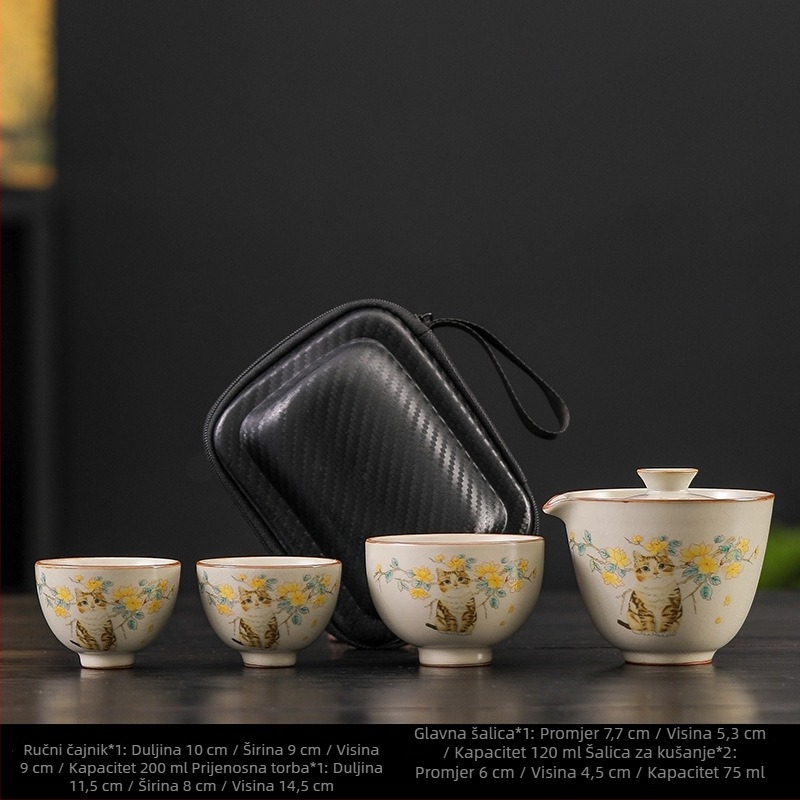Keramički Gongfu čajni set Ru Kiln, 1 čajnik i 3 šalice, prenosni za kampiranje i putovanja, personalizirani poklon